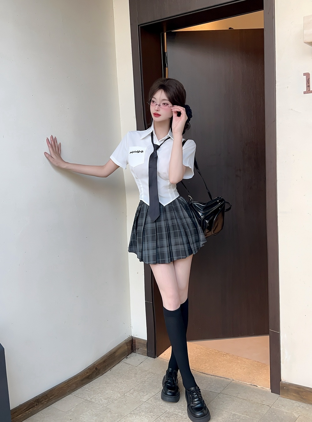 Plaid shirt college style uniform 2pcs set for women