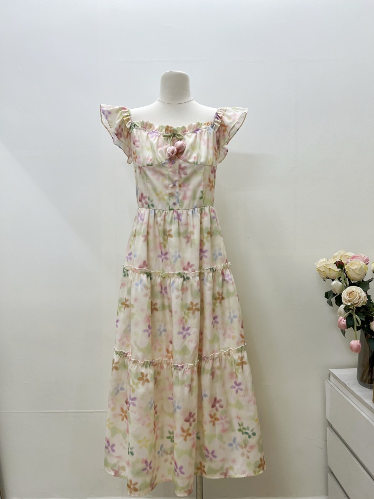 Spring colors rainbow long dress maiden printing strap dress