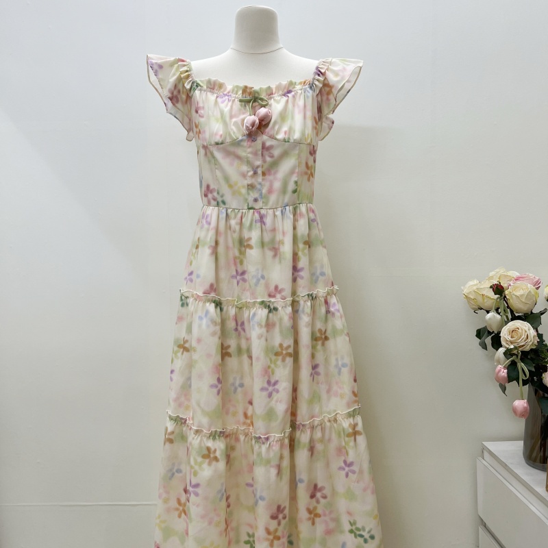 Spring colors rainbow long dress maiden printing strap dress