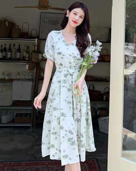 V-neck long printing slim tender puff sleeve dress for women