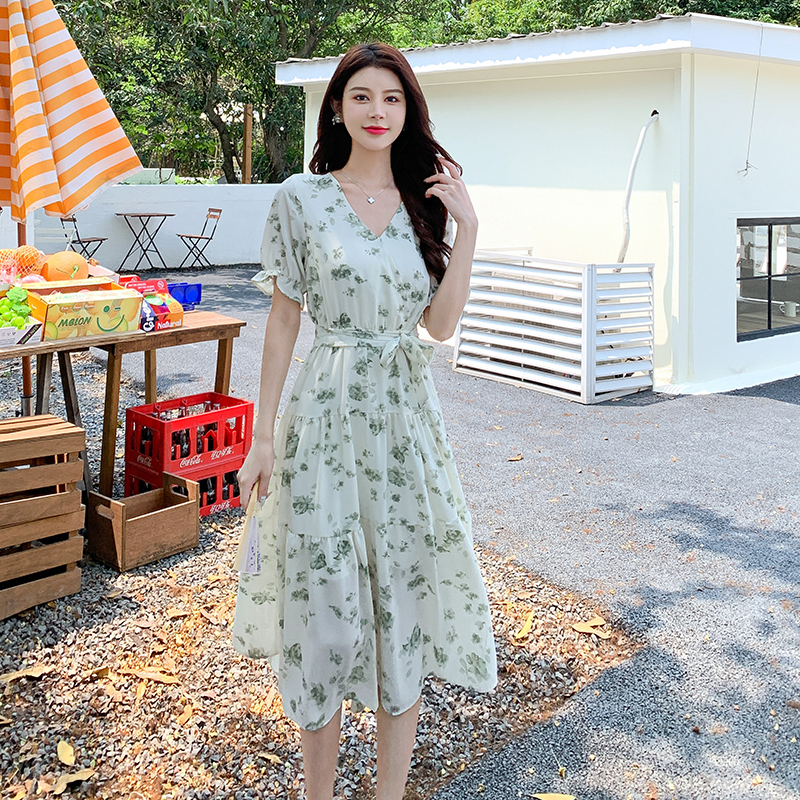 V-neck long printing slim tender puff sleeve dress for women