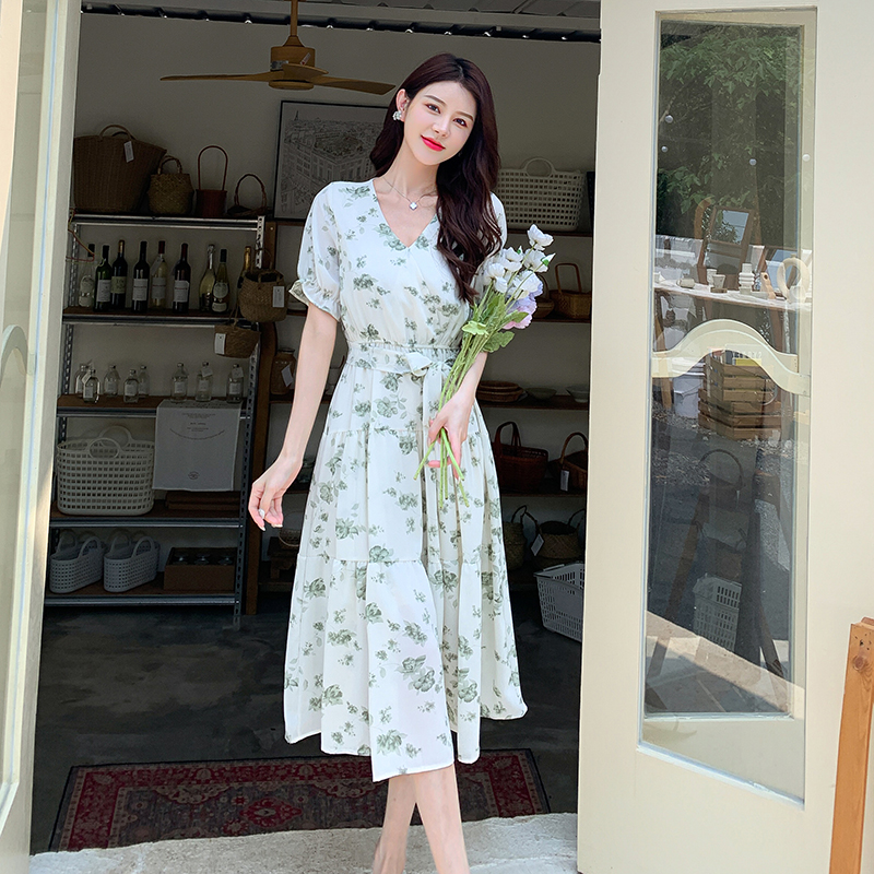 V-neck long printing slim tender puff sleeve dress for women