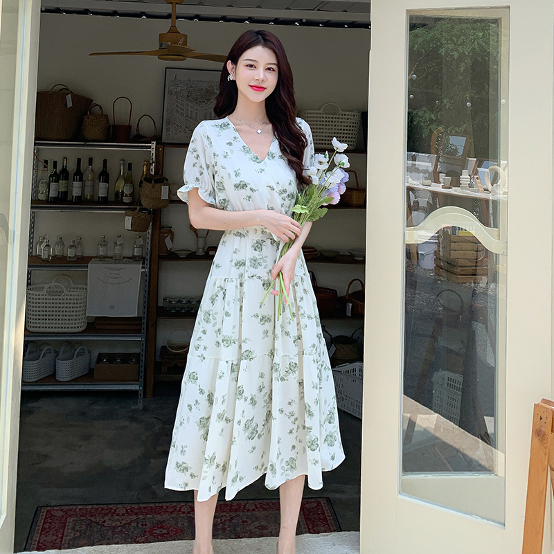 V-neck long printing slim tender puff sleeve dress for women