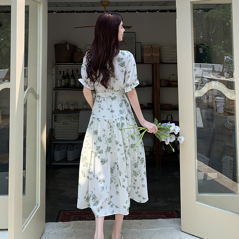 V-neck long printing slim tender puff sleeve dress for women