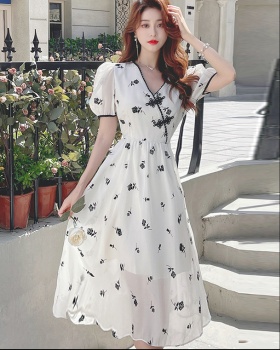 Temperament puff sleeve dress V-neck banquet formal dress for women