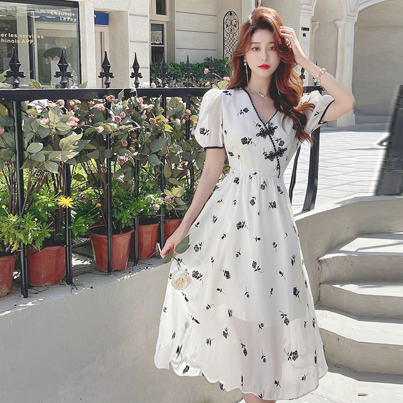 Temperament puff sleeve dress V-neck banquet formal dress for women