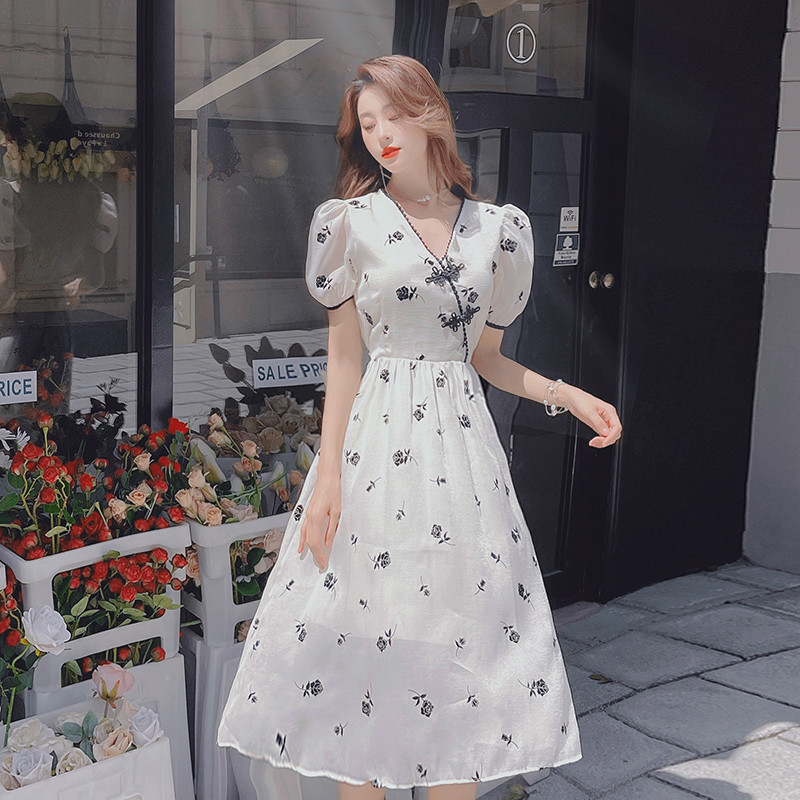 Temperament puff sleeve dress V-neck banquet formal dress for women