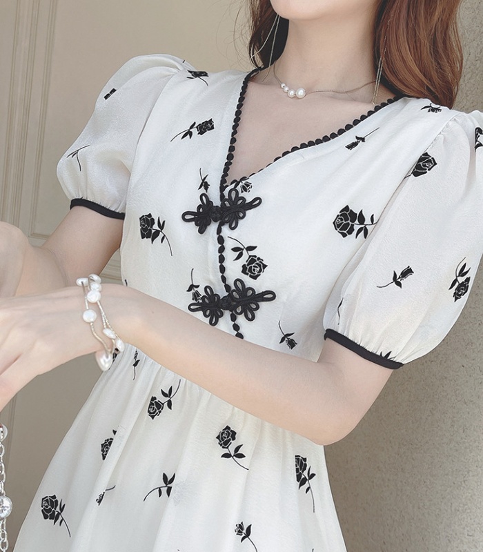 Temperament puff sleeve dress V-neck banquet formal dress for women