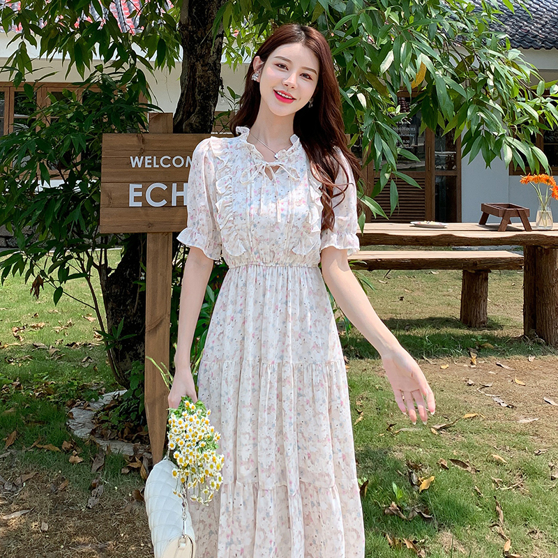 Commuting chiffon show young retro printing dress