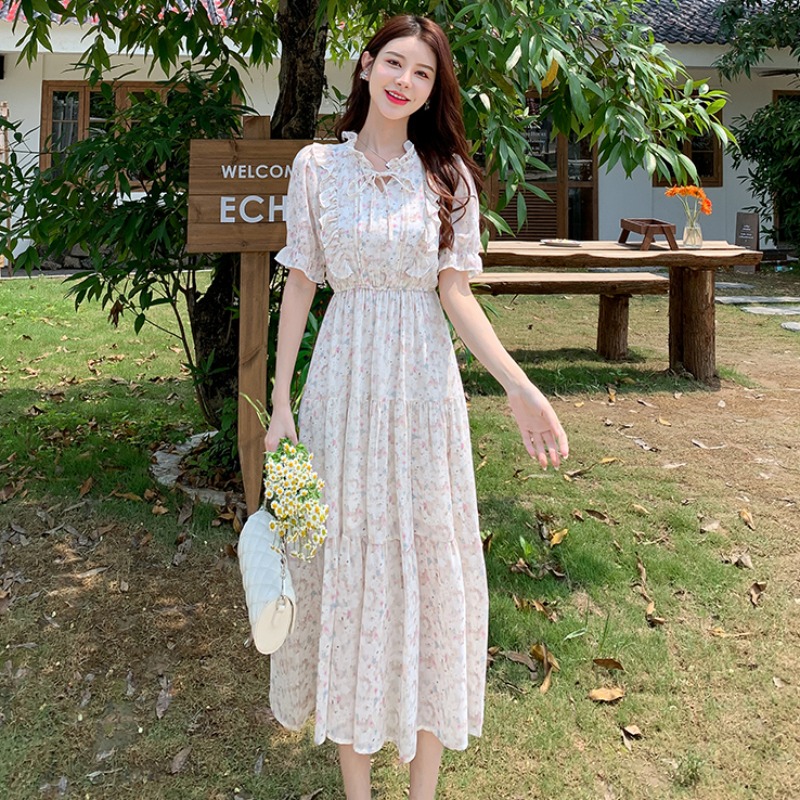 Commuting chiffon show young retro printing dress