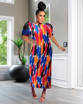 Short sleeve printing fashion crimp dress