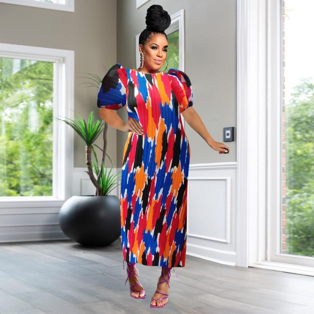 Short sleeve printing fashion crimp dress
