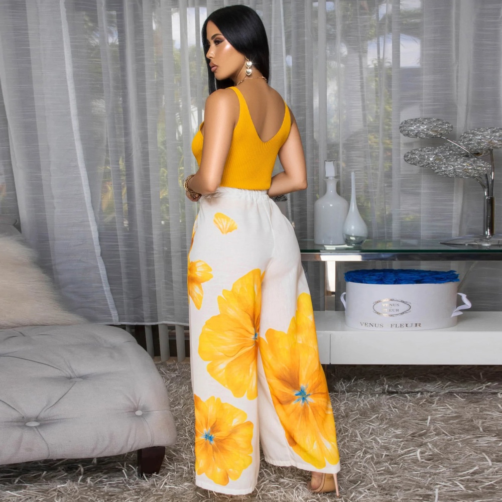 Printing long pants European style wide leg pants for women