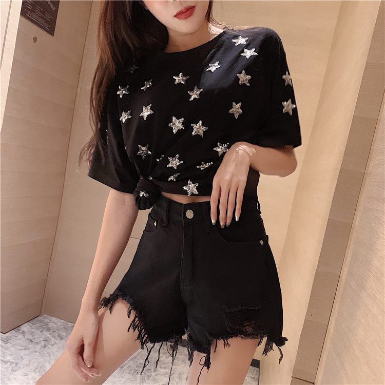 Retro holes wide leg pants high waist shorts for women