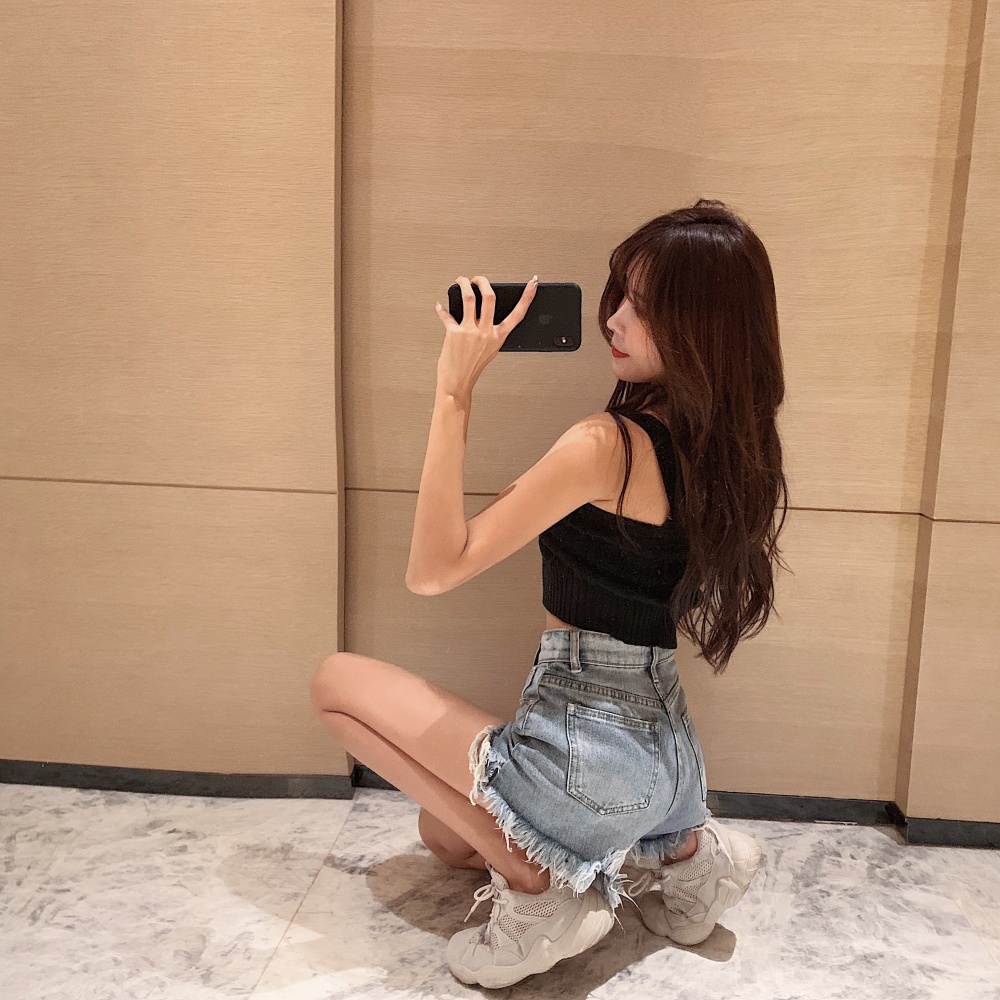 Retro holes wide leg pants high waist shorts for women