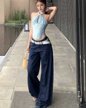 Retro sling tops pinched waist jeans a set for women
