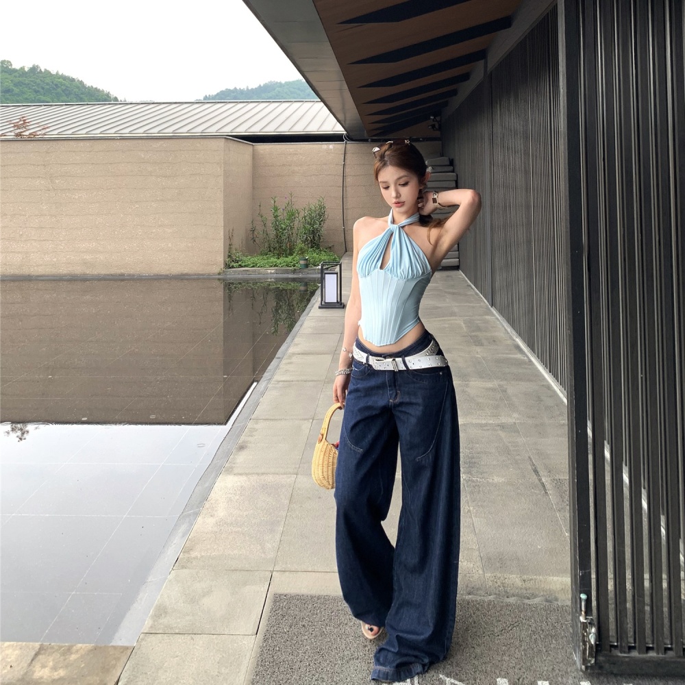 Retro sling tops pinched waist jeans a set for women