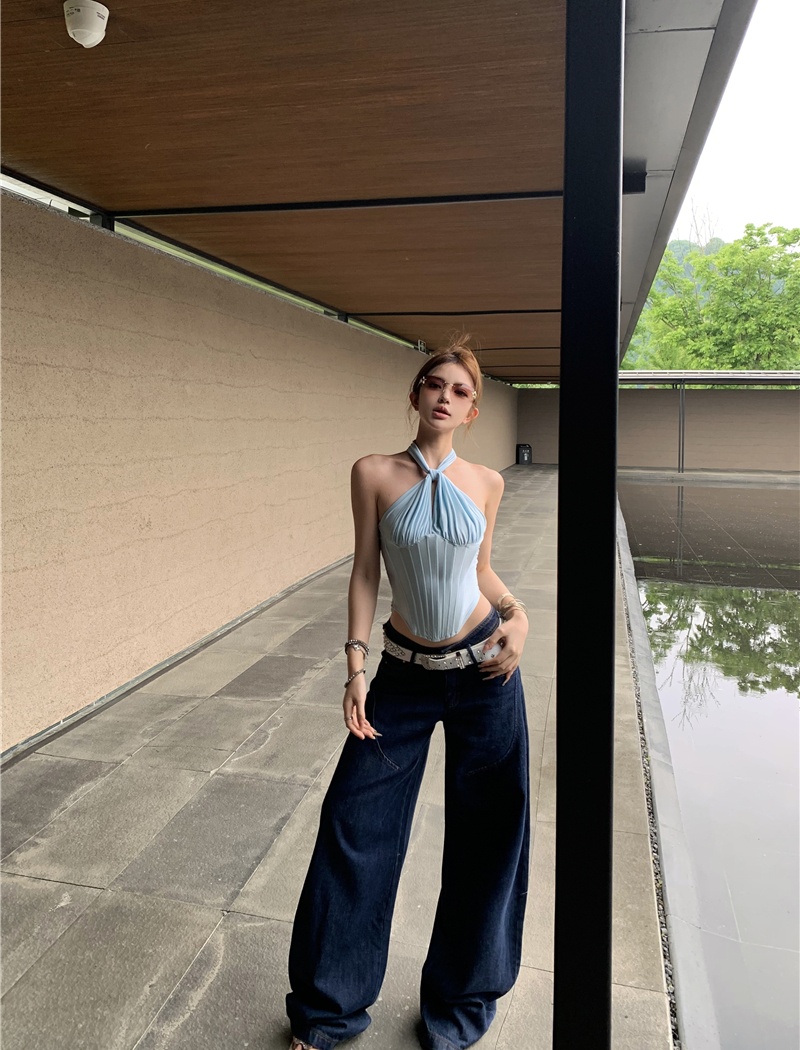 Retro sling tops pinched waist jeans a set for women