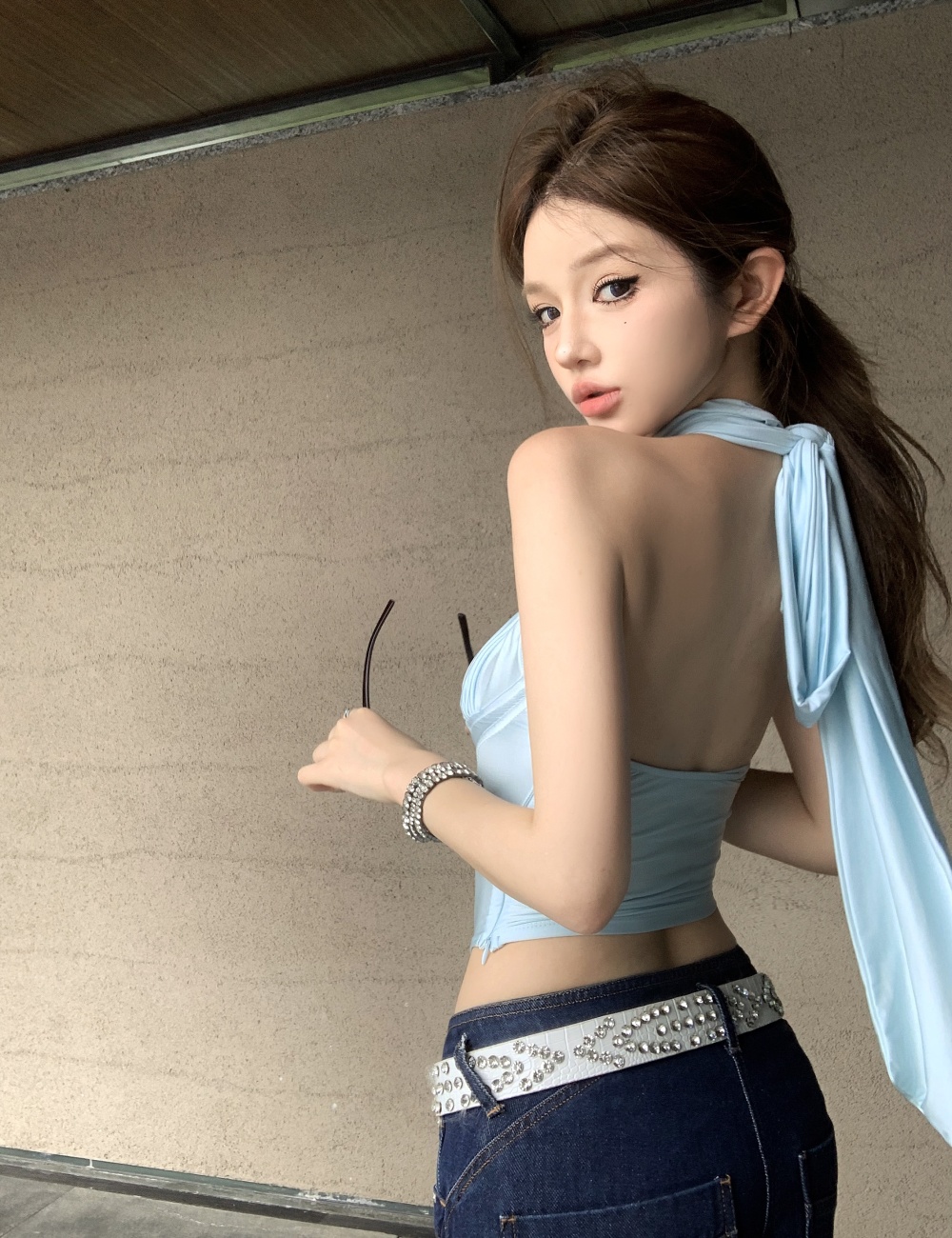 Retro sling tops pinched waist jeans a set for women