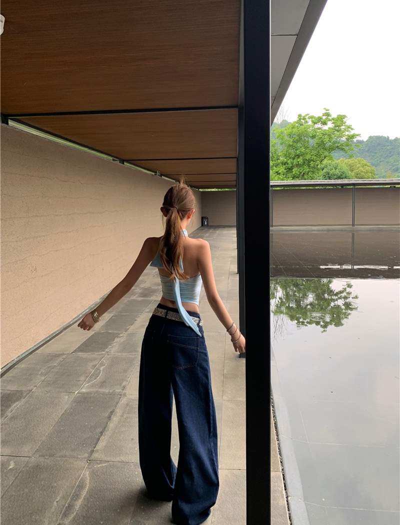 Retro sling tops pinched waist jeans a set for women