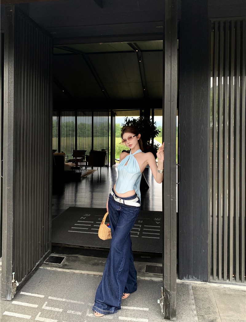 Retro sling tops pinched waist jeans a set for women