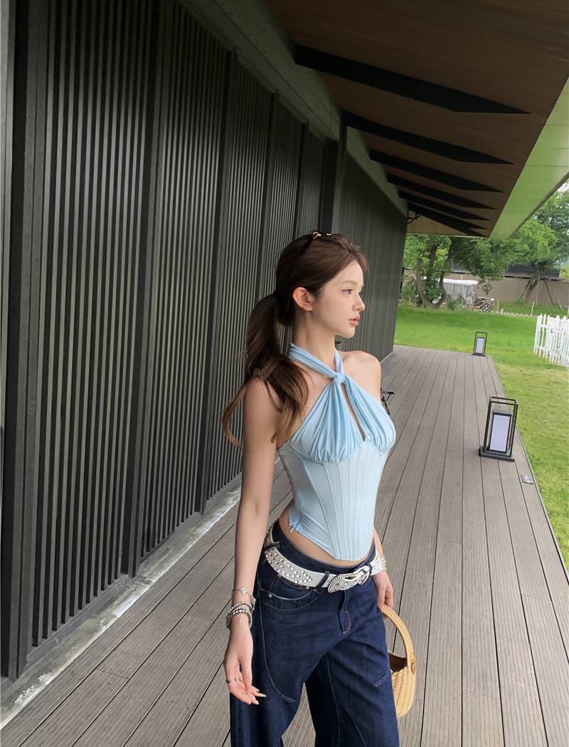 Retro sling tops pinched waist jeans a set for women