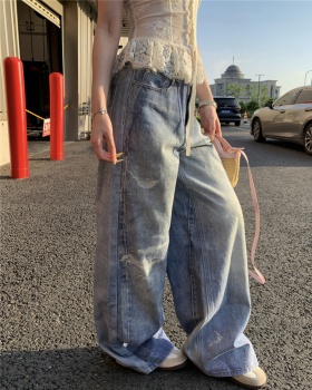 Loose mopping wide leg pants all-match holes jeans for women