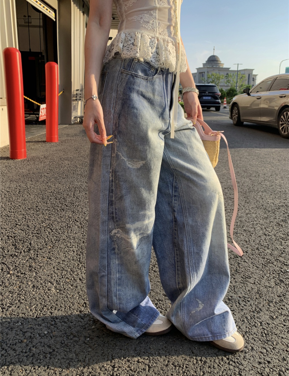Loose mopping wide leg pants all-match holes jeans for women