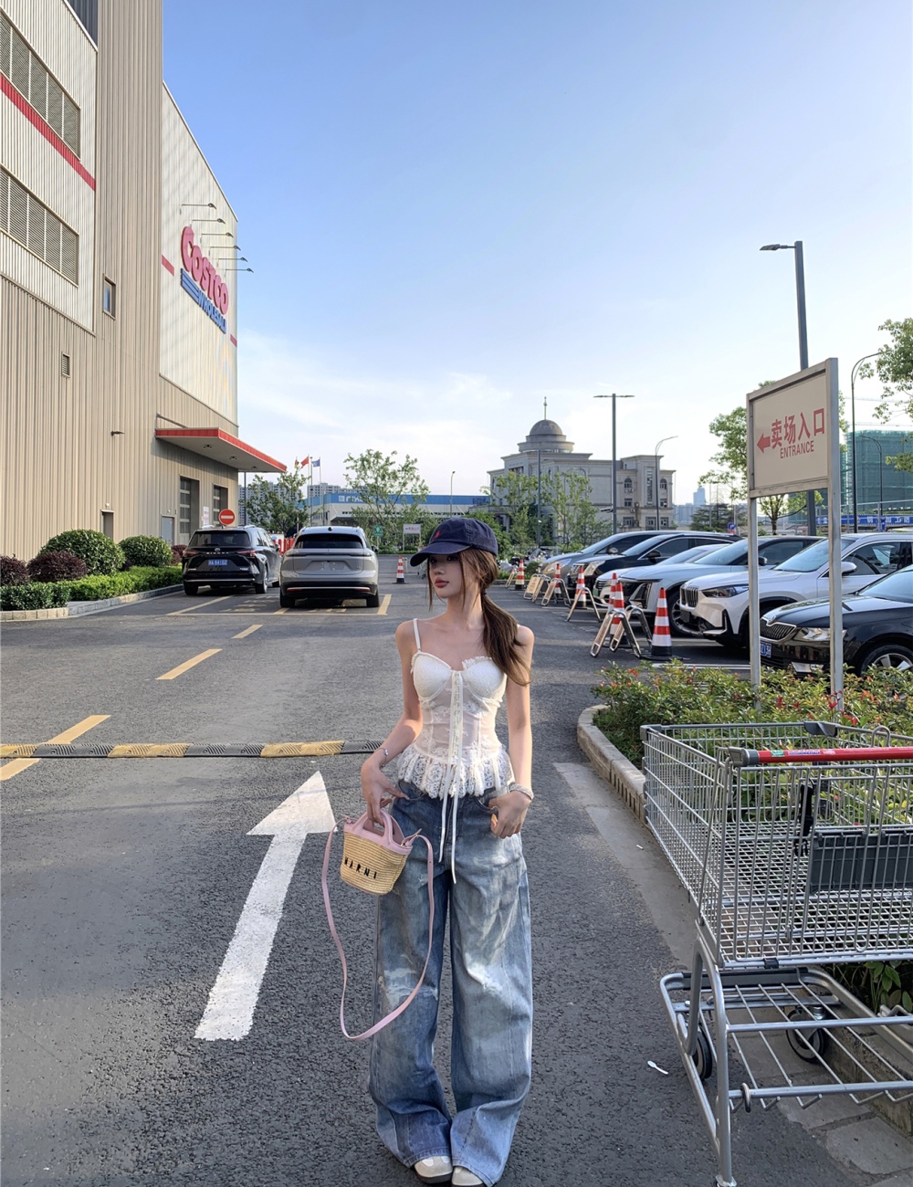 Loose mopping wide leg pants all-match holes jeans for women