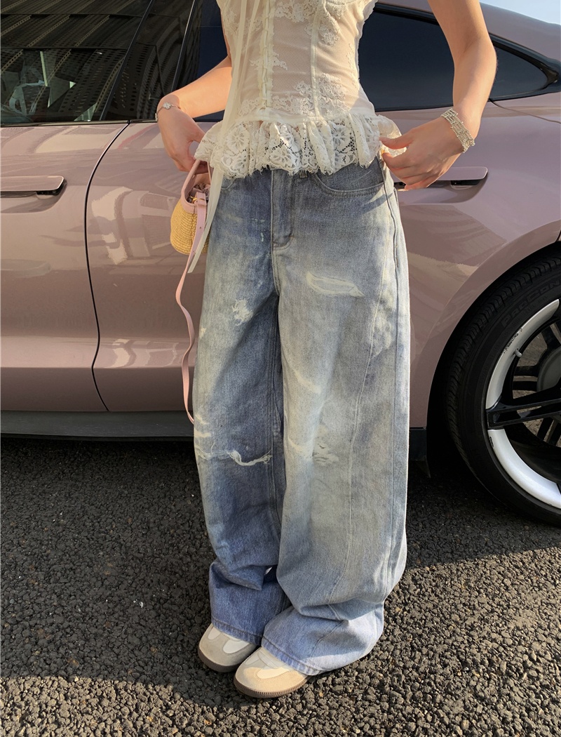 Loose mopping wide leg pants all-match holes jeans for women