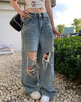 Washed loose retro holes straight jeans
