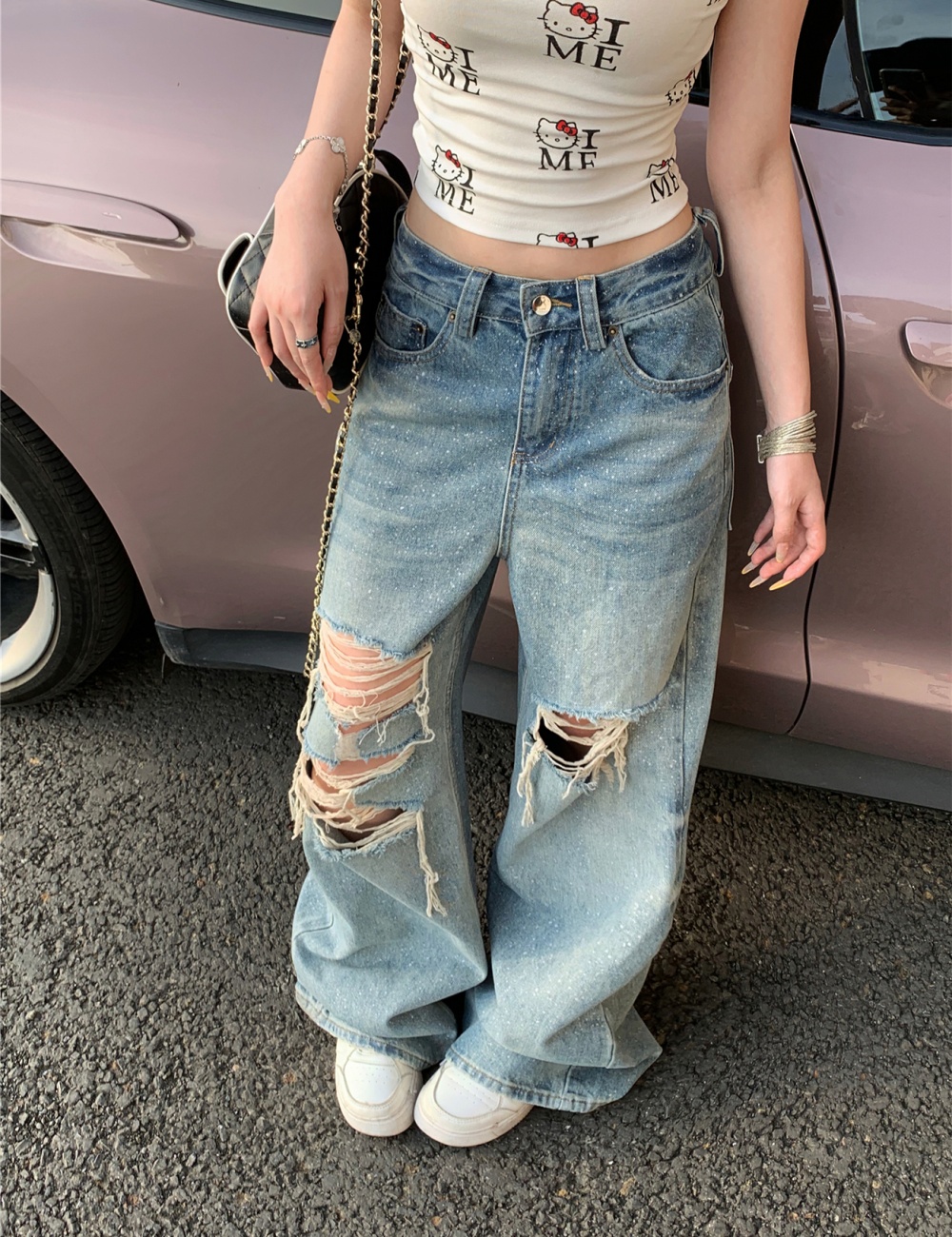 Washed loose retro holes straight jeans