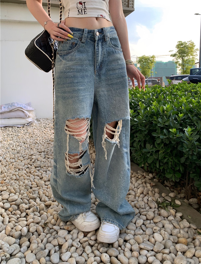 Washed loose retro holes straight jeans