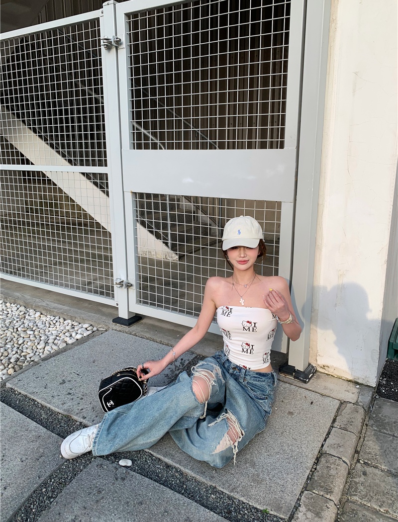 Washed loose retro holes straight jeans