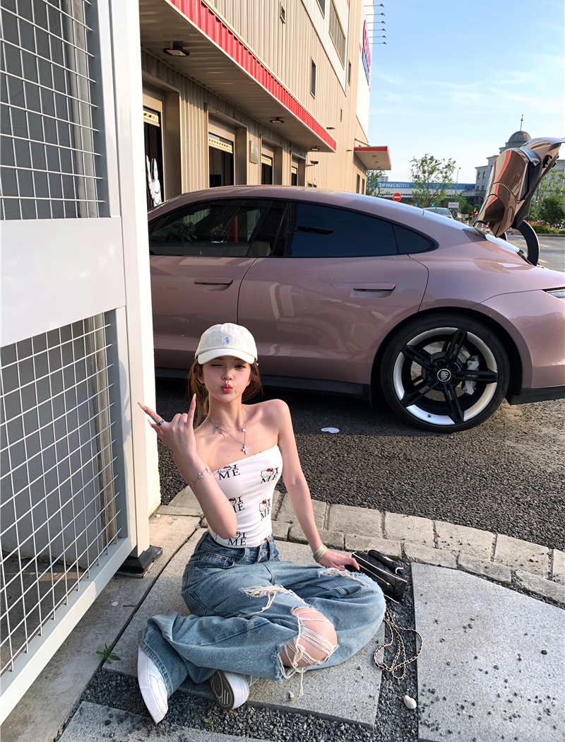 Washed loose retro holes straight jeans
