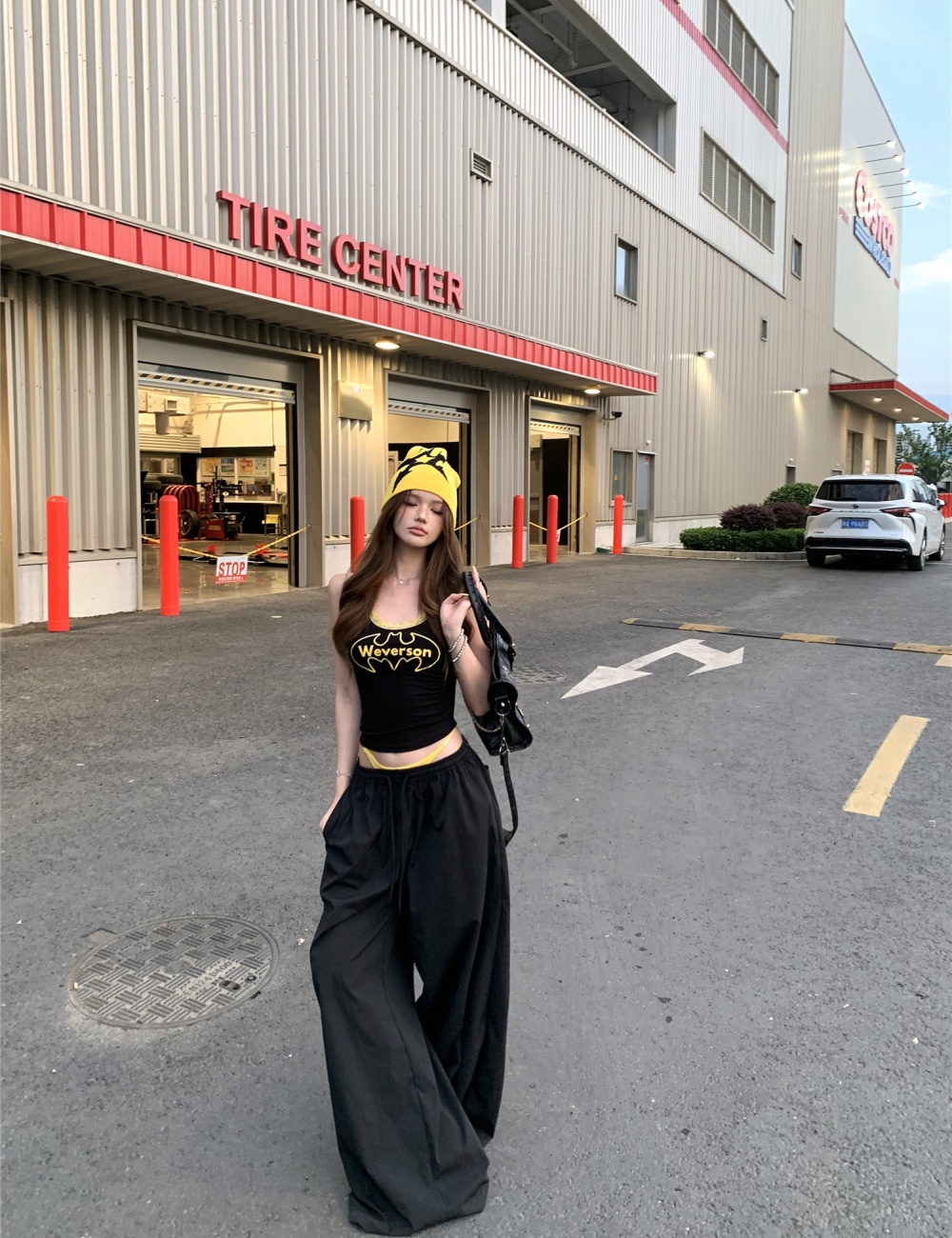 Pinched waist wide leg pants sports vest a set