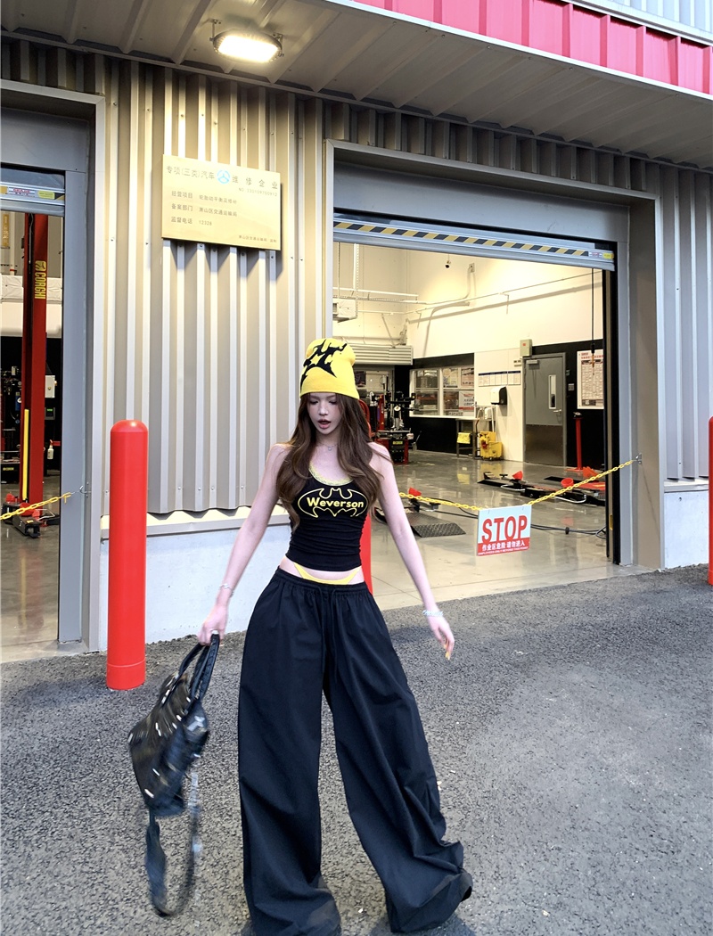 Pinched waist wide leg pants sports vest a set