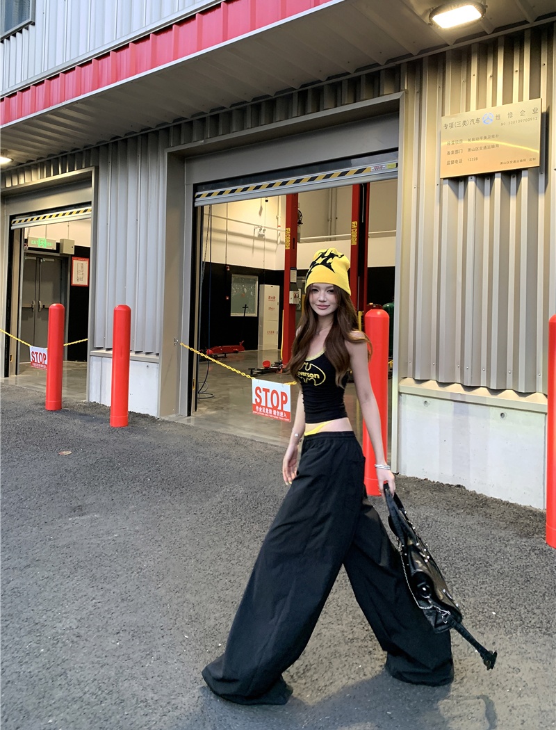 Pinched waist wide leg pants sports vest a set