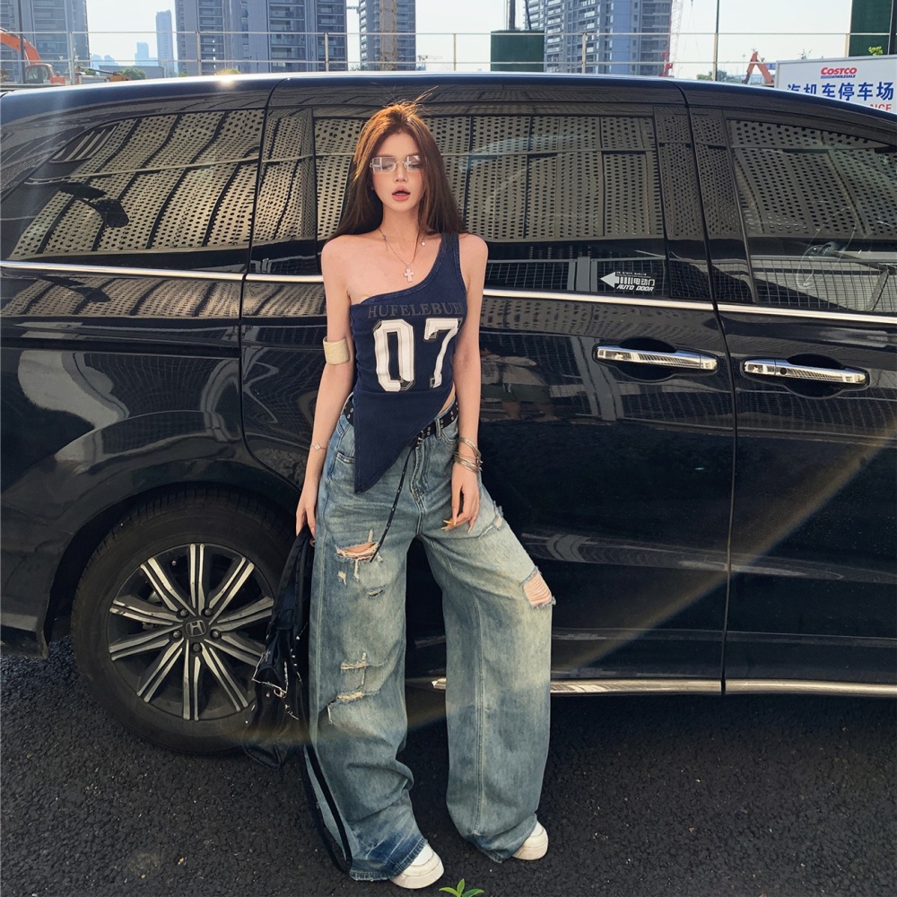 Mopping American style vest holes jeans a set for women