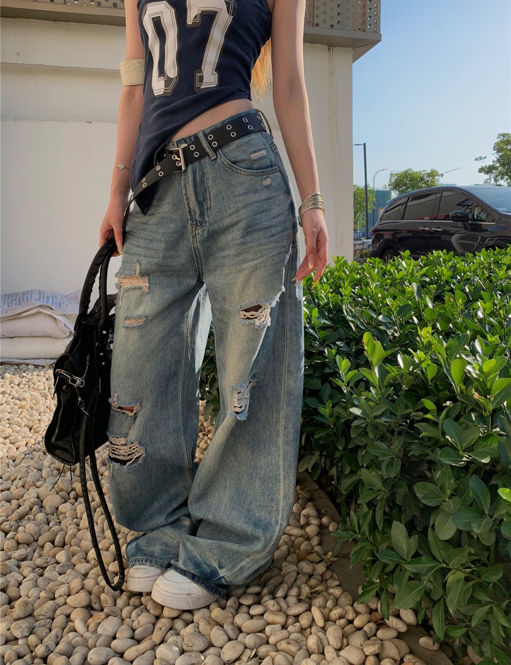 Mopping American style vest holes jeans a set for women