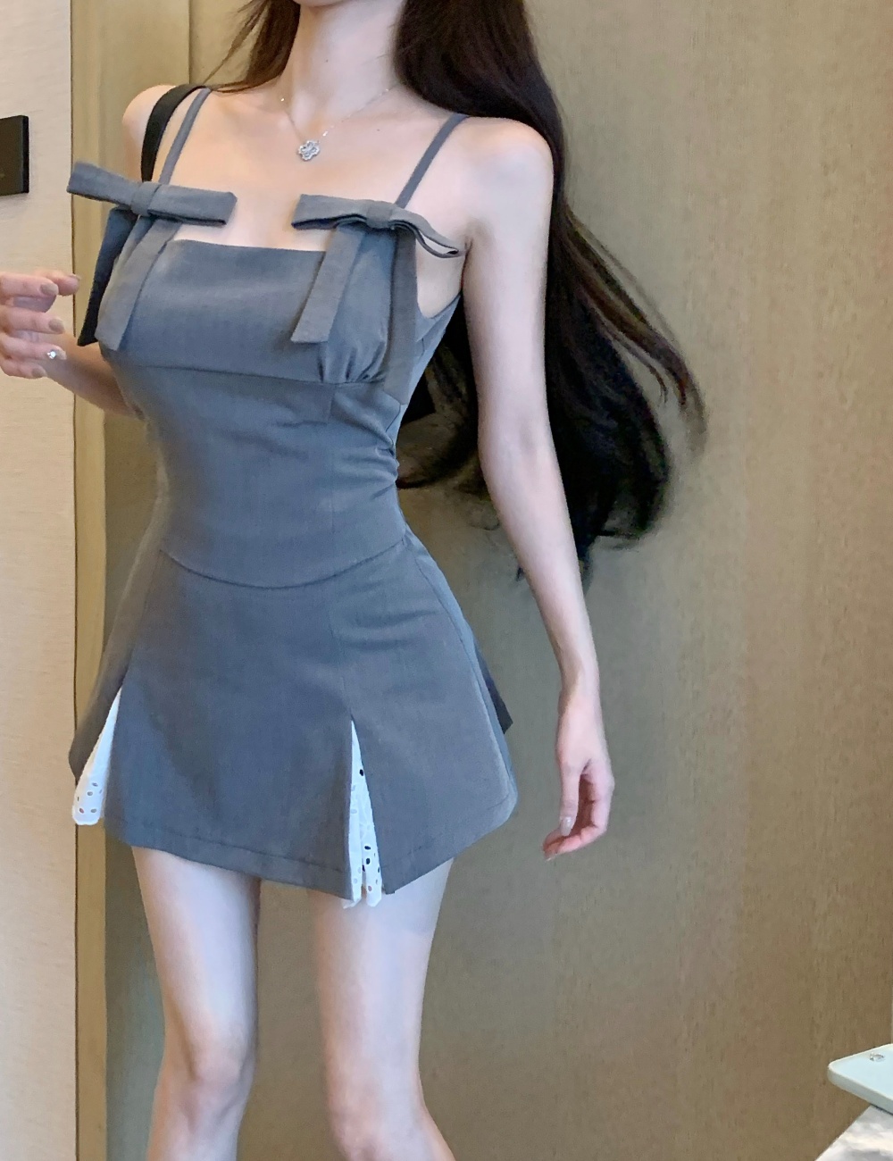 Bow splice vest show young skirt 2pcs set for women