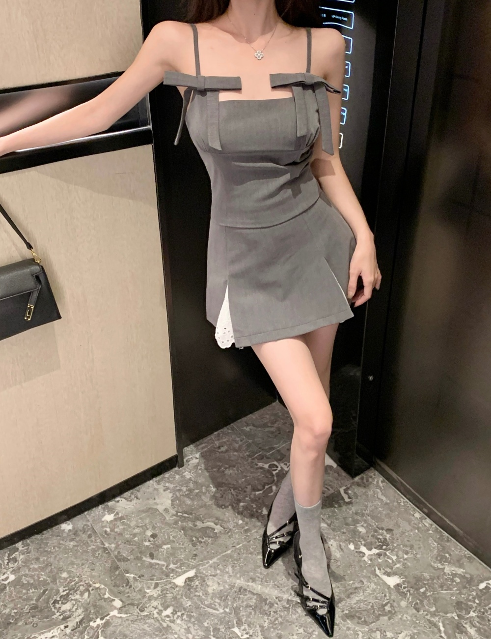 Bow splice vest show young skirt 2pcs set for women