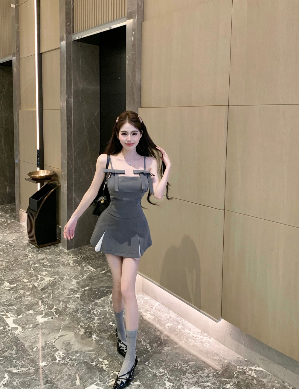 Bow splice vest show young skirt 2pcs set for women