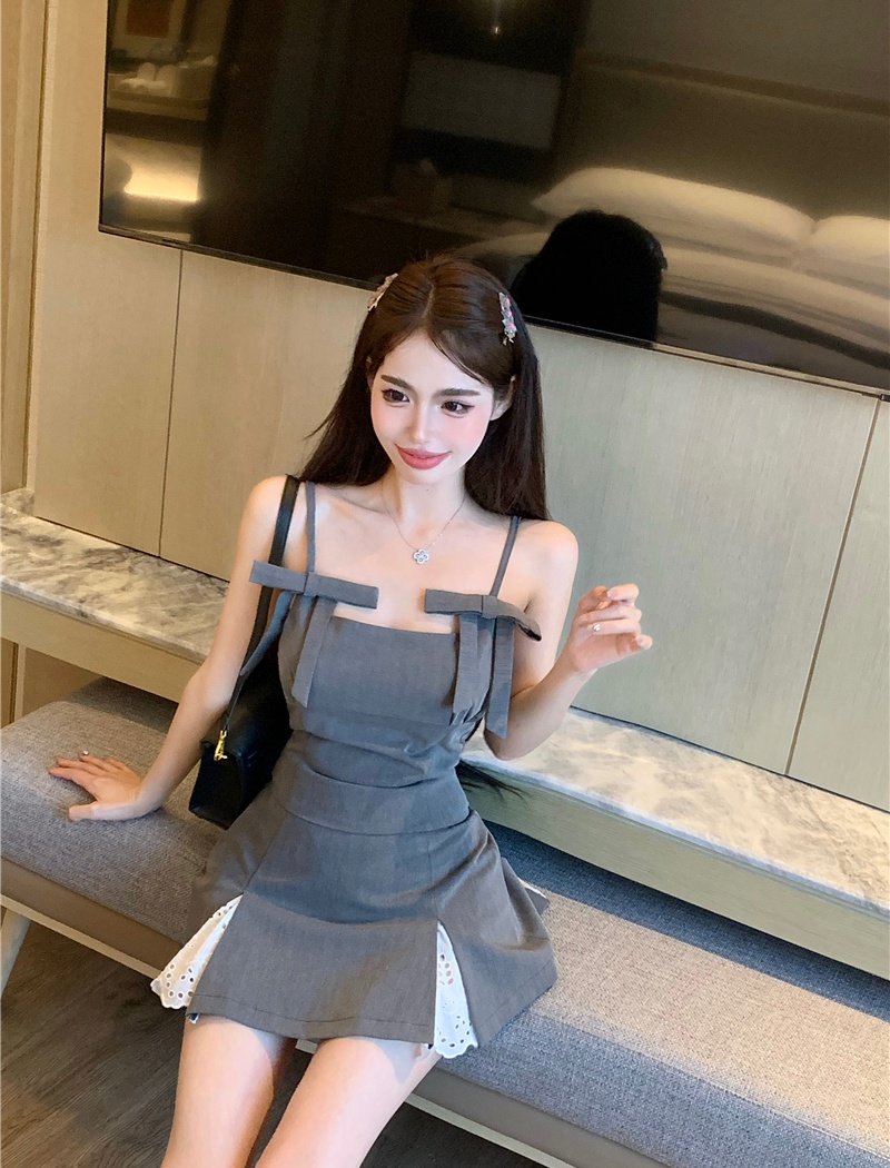 Bow splice vest show young skirt 2pcs set for women