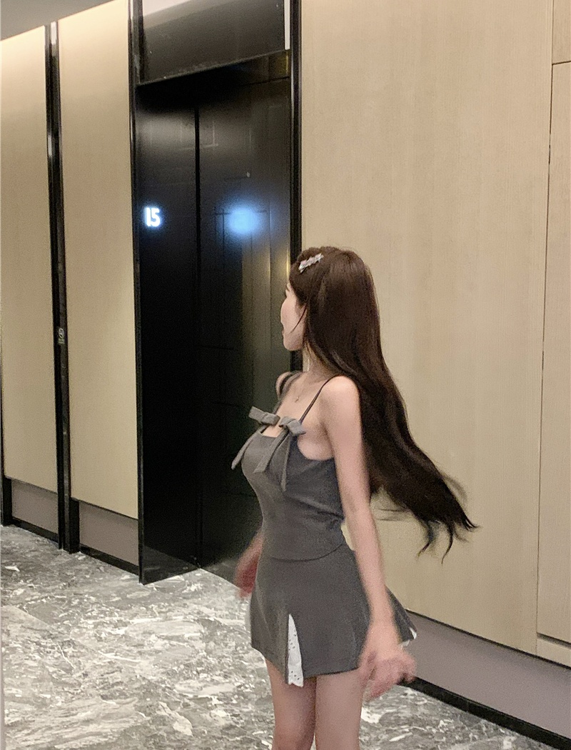 Bow splice vest show young skirt 2pcs set for women