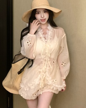 Lace shorts hollow shirt 2pcs set for women