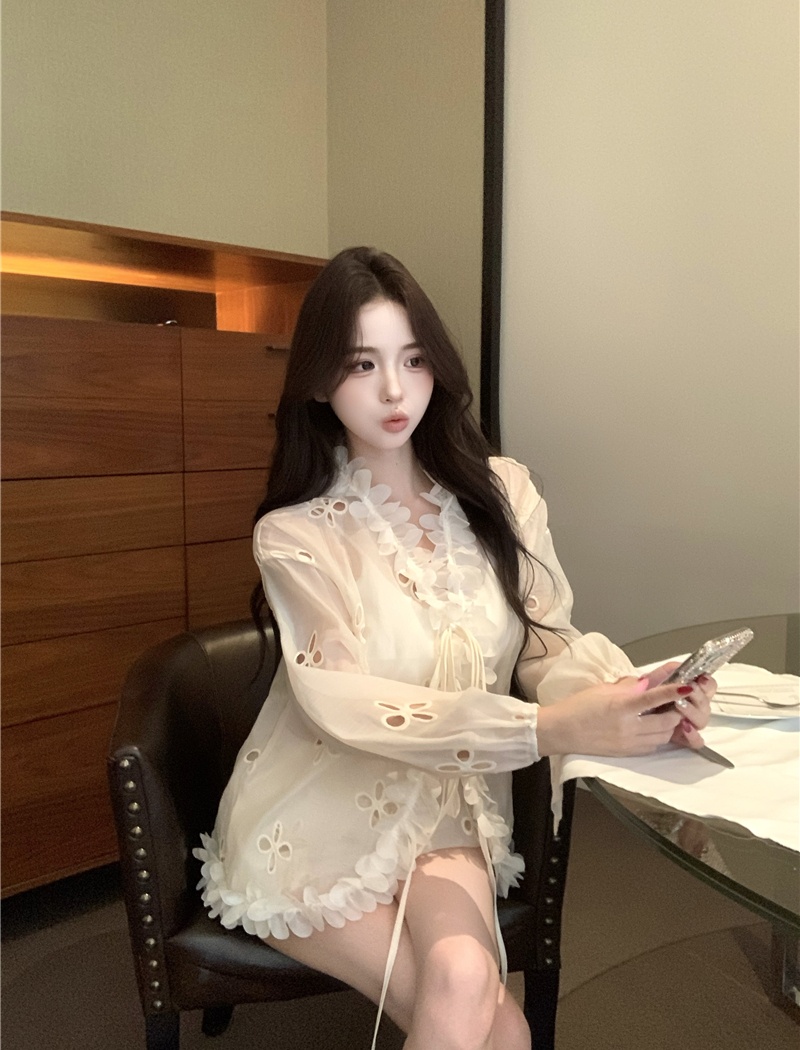 Lace shorts hollow shirt 2pcs set for women