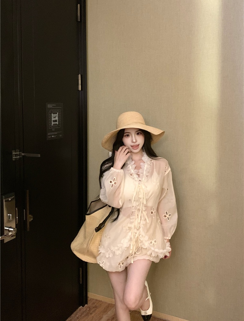 Lace shorts hollow shirt 2pcs set for women