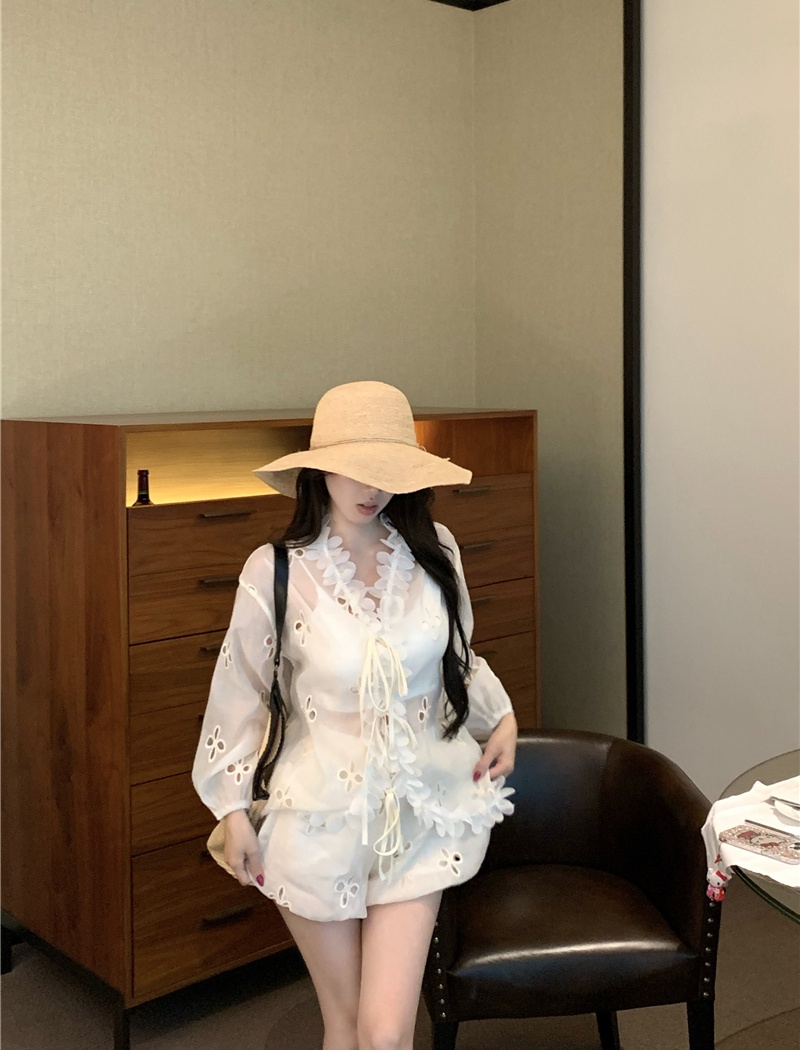 Lace shorts hollow shirt 2pcs set for women