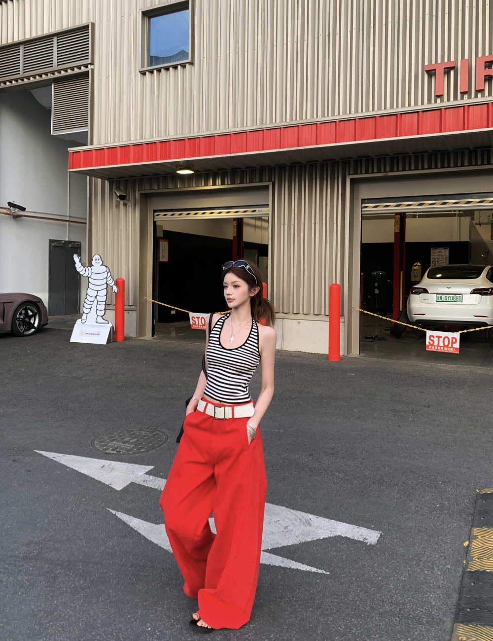 Spicegirl halter U-neck jeans red stripe pants a set for women